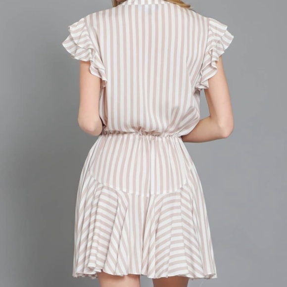 NWOT Tan & White Striped Ruffle Sleeve Shirt Dress - Picture 6 of 10